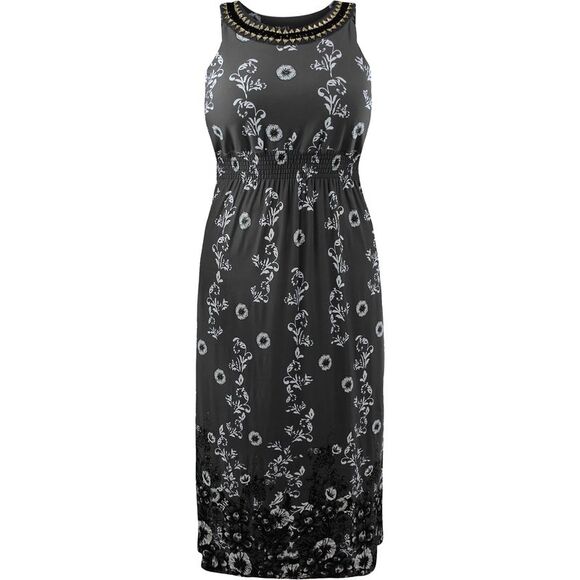 Black Floral Print Plus Size Sun Dress With Jeweled Neck - Picture 1 of 3